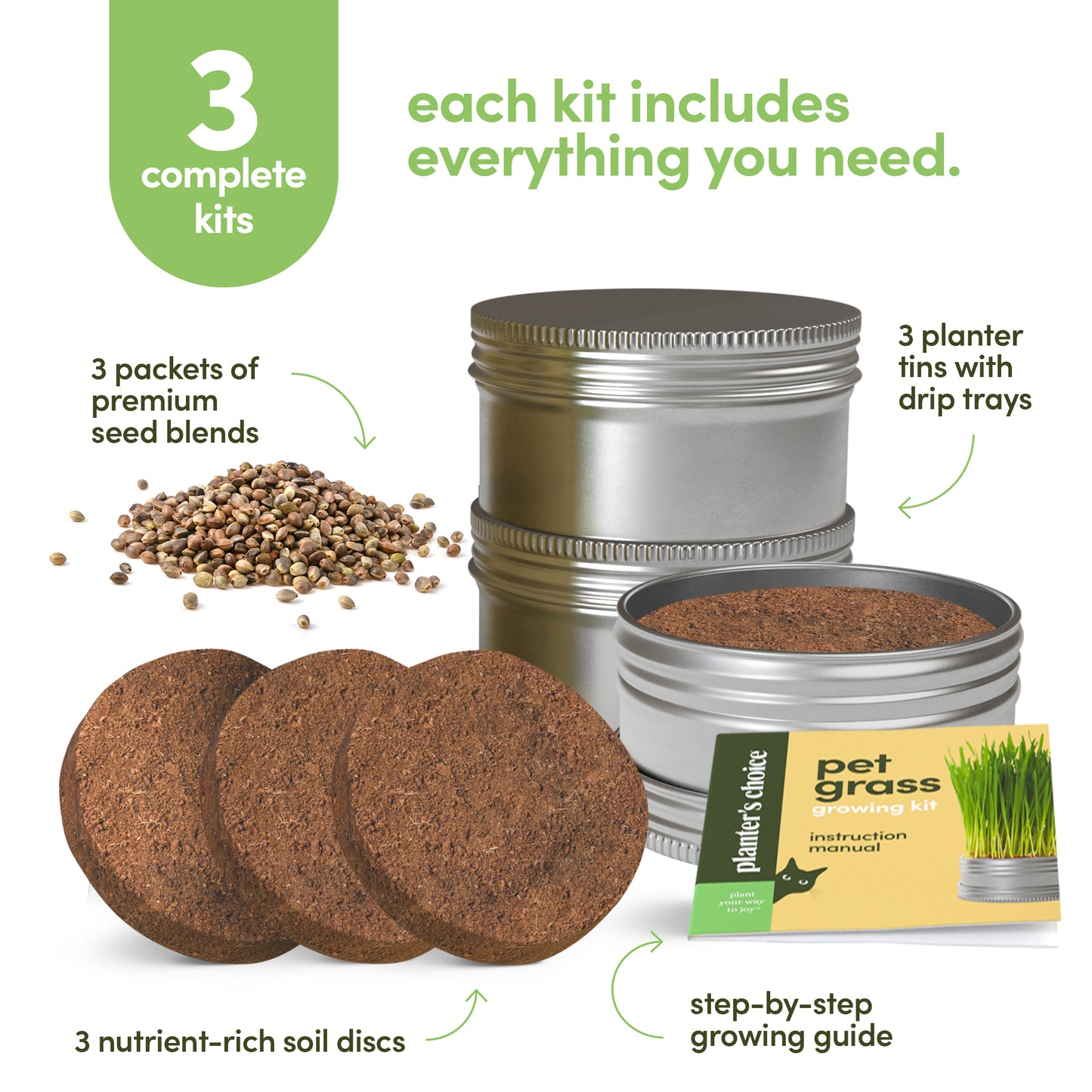 Planter's Choice Cat Grass Growing Kit - 3 Complete Kits