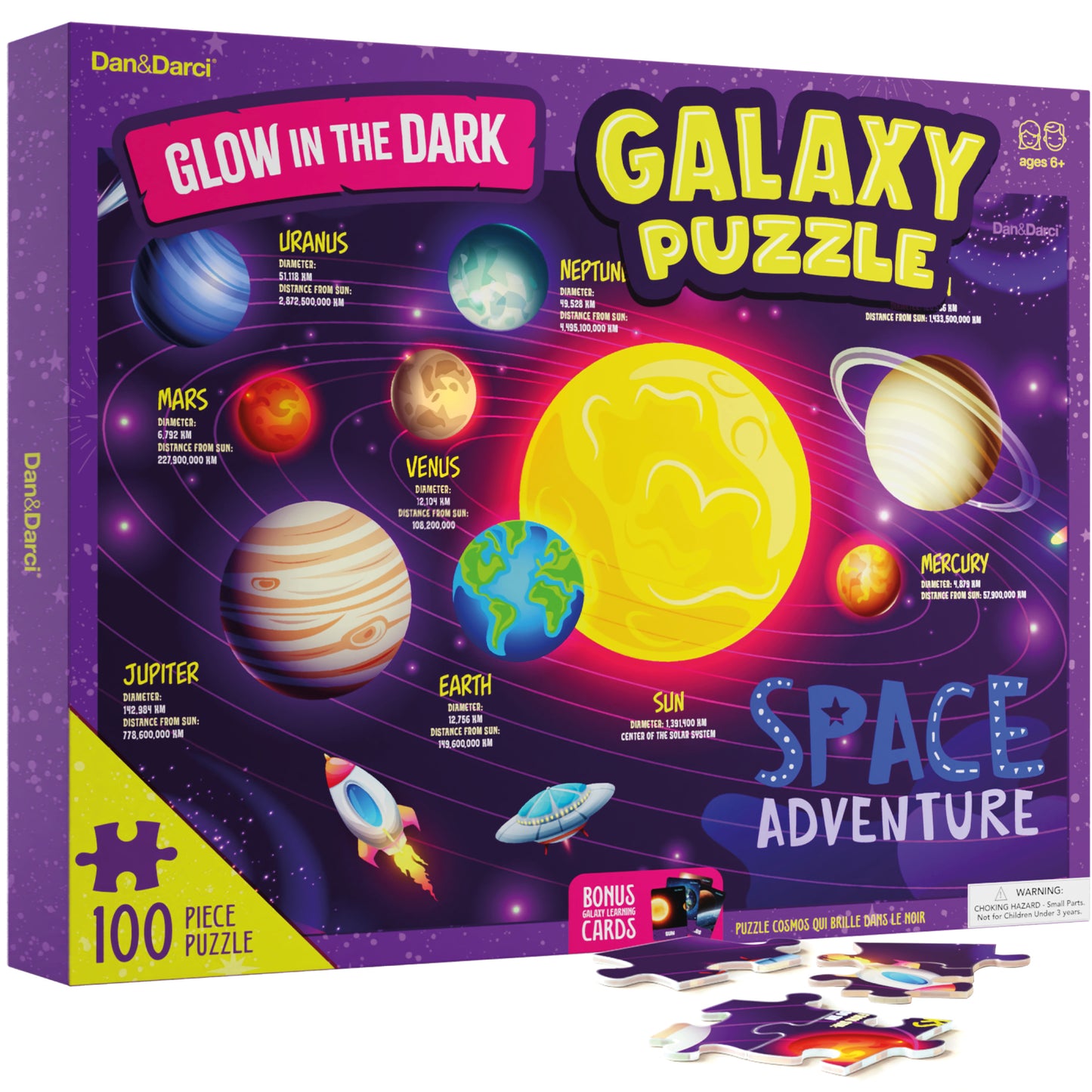 Dan&Darci Glow-in-the-Dark 100 Piece Galaxy Puzzle - Bonus Learning Cards
