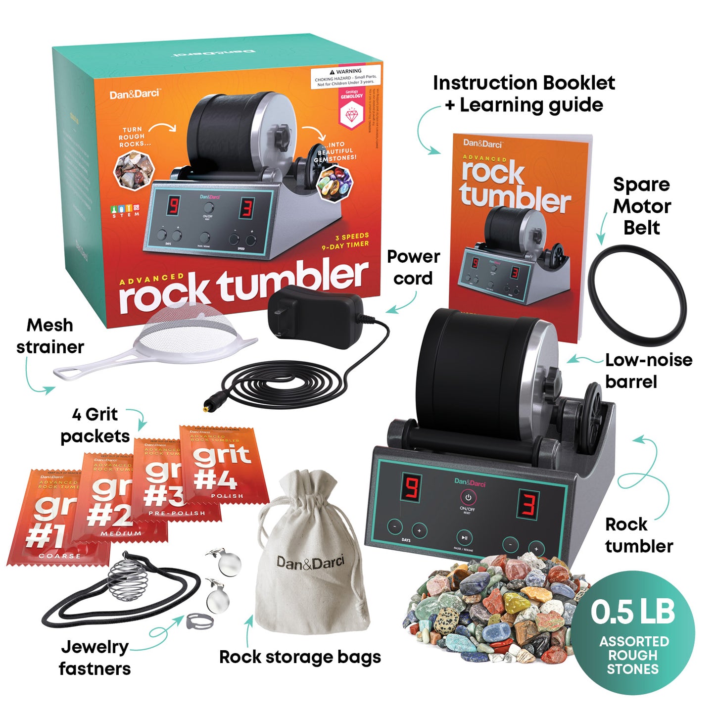 Dan&Darci Advanced Professional Rock Tumbler Kit - Digital 9-Day Polishing Timer & 3 Speed Settings
