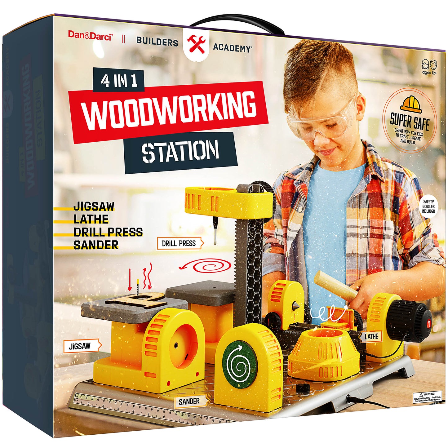 Dan&Darci 4 In 1 Woodworking Station for Kids - Drill Press, Jigsaw, Lathe, Sander