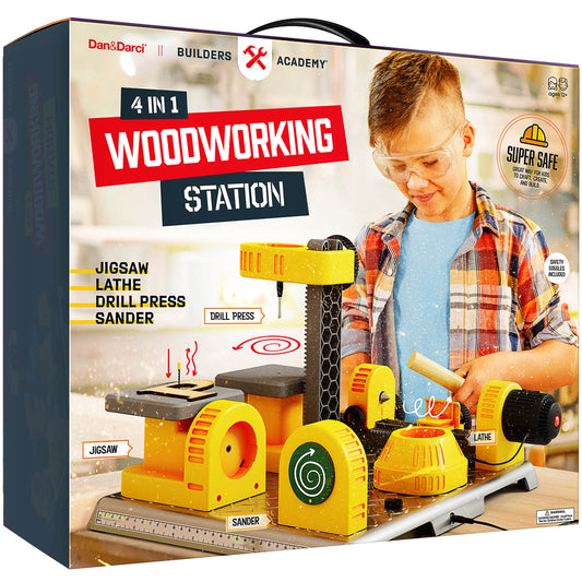 Dan&Darci 4 In 1 Woodworking Station for Kids - Drill Press, Jigsaw, Lathe, Sander