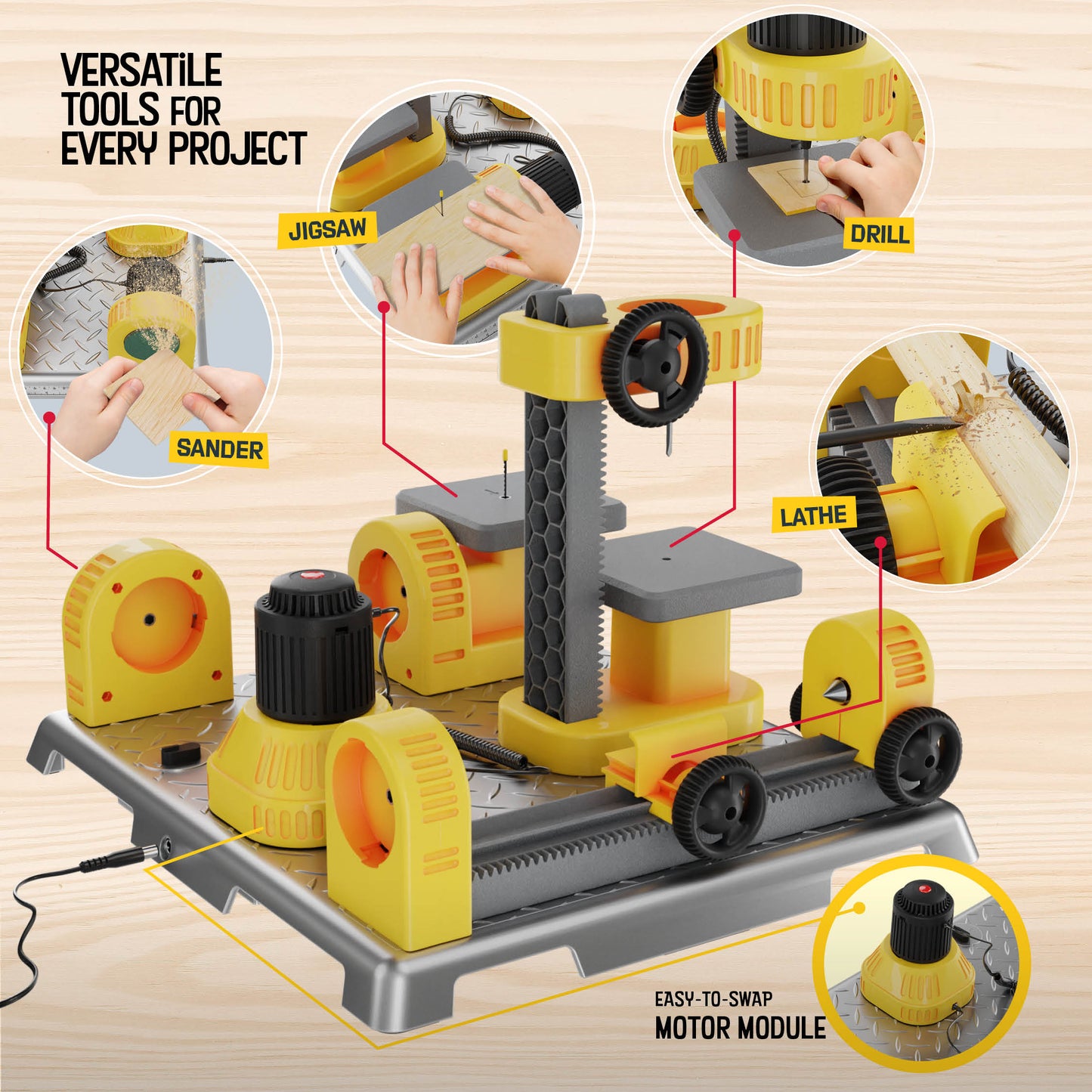 Dan&Darci 4 In 1 Woodworking Station for Kids - Drill Press, Jigsaw, Lathe, Sander