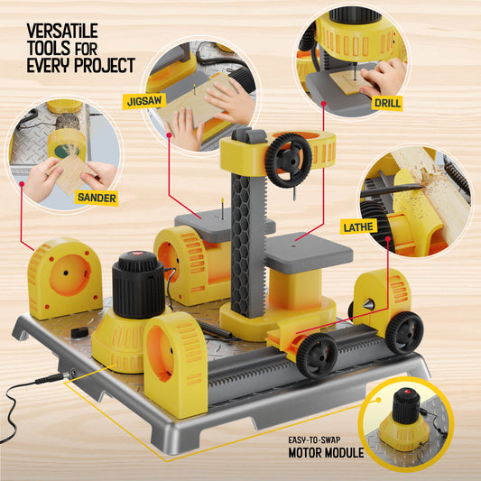 Dan&Darci 4 In 1 Woodworking Station for Kids - Drill Press, Jigsaw, Lathe, Sander