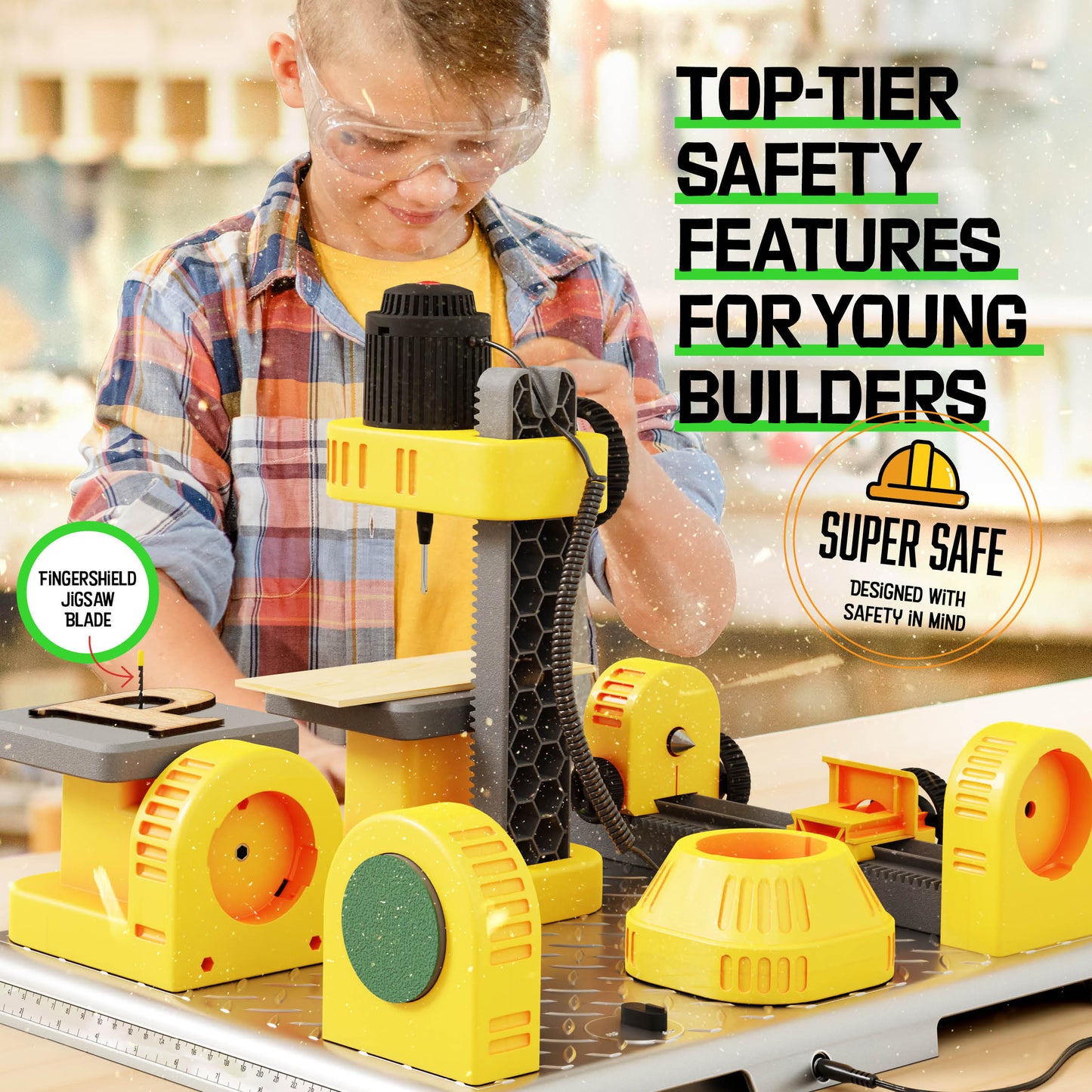 Dan&Darci 4 In 1 Woodworking Station for Kids - Drill Press, Jigsaw, Lathe, Sander