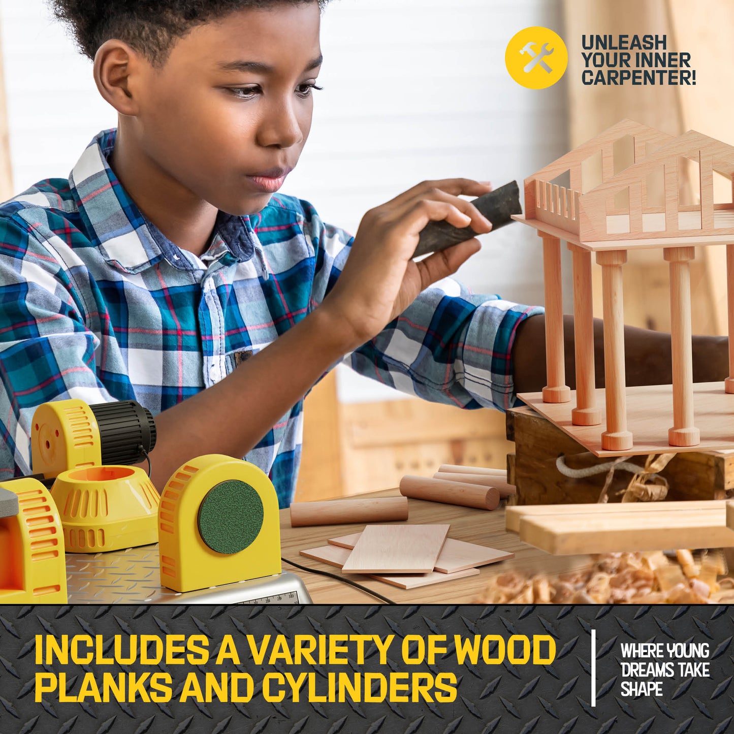 Dan&Darci 4 In 1 Woodworking Station for Kids - Drill Press, Jigsaw, Lathe, Sander