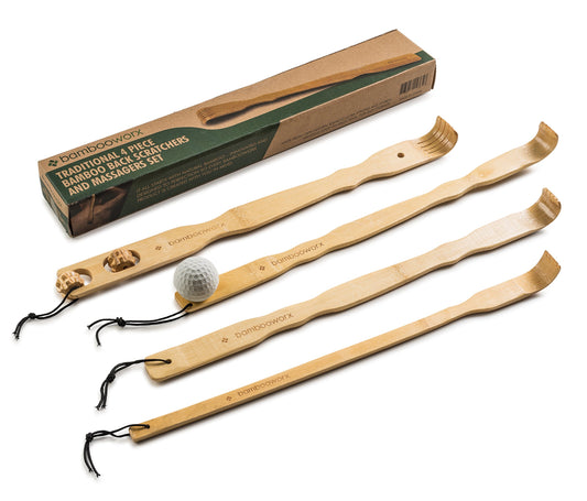 BambooWorx Traditional Bamboo Wooden Back Scratcher - 4 Piece Body Relaxation Massager Set