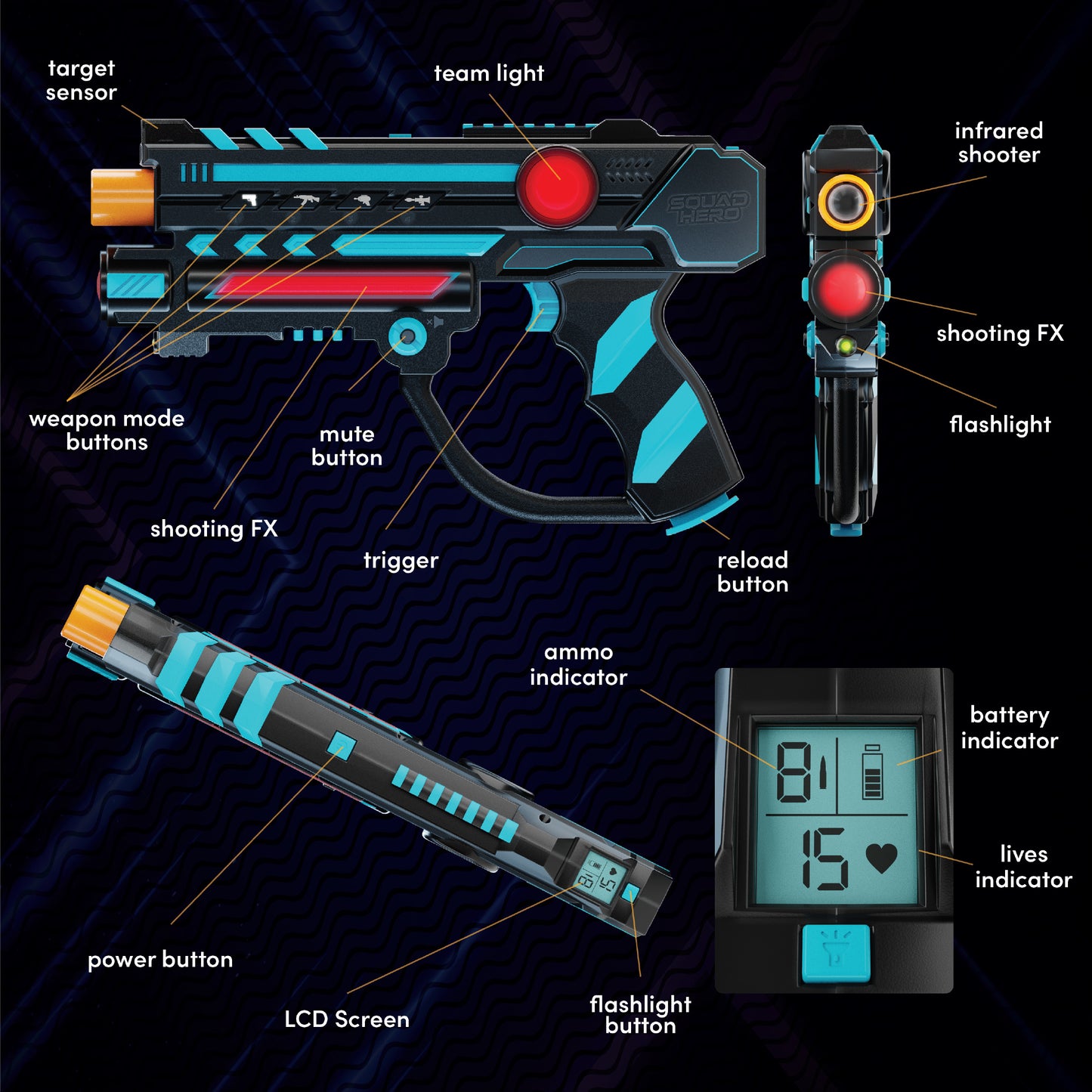 Squad Hero Rechargeable Laser Tag 2.0 - Set of 4, 360° Sensors, LCDs, 150 ft-Reach
