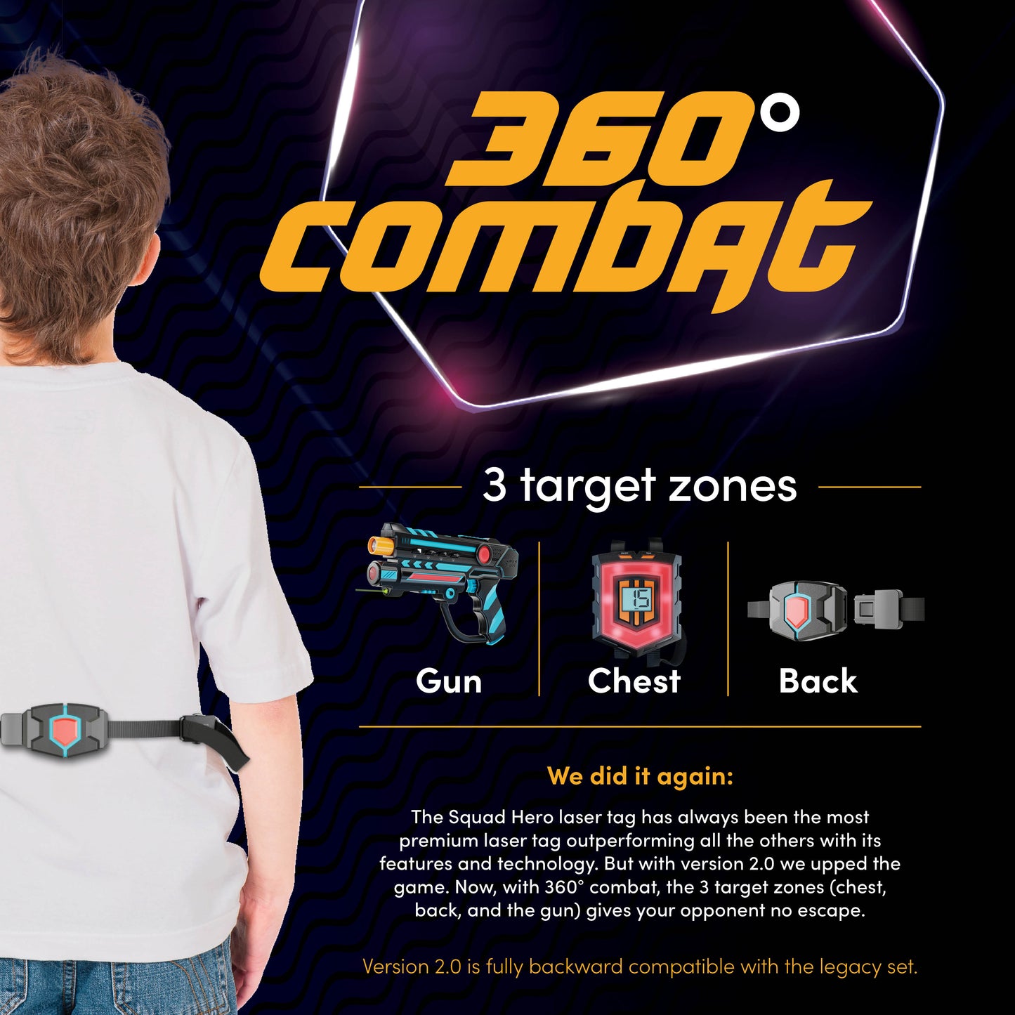 Squad Hero Rechargeable Laser Tag 2.0 - Set of 4, 360° Sensors, LCDs, 150 ft-Reach