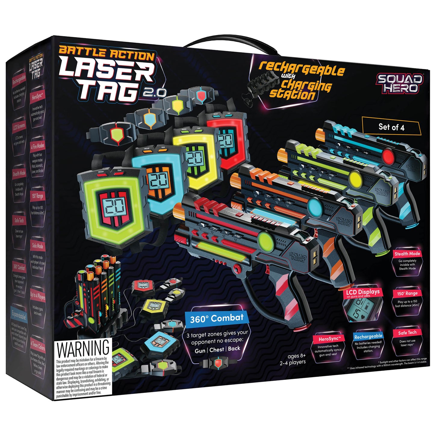 Squad Hero Rechargeable Laser Tag 2.0 - Set of 4, 360° Sensors, LCDs, 150 ft-Reach